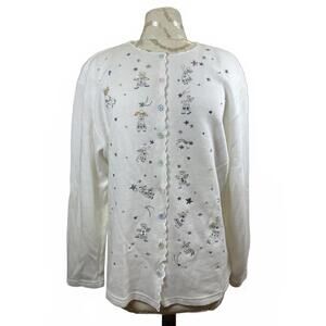 Vintage Teddi White Embroidered Button-Up Cardigan Sweater - Lg